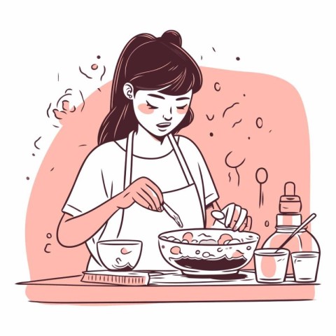 Cute girl cooking in the kitchen. Hand drawn vector illustration