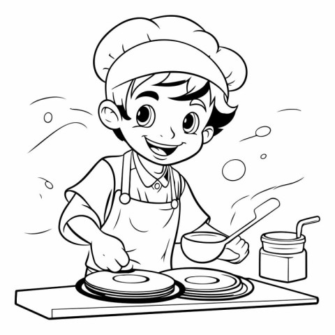 Black and White Cartoon Illustration of a Kid Boy Cooking Food f