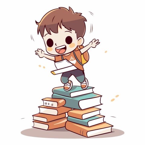 Cute boy jumping on a pile of books.