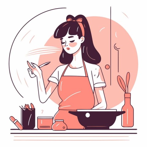 Young woman cooking in the kitchen in cartoon style.