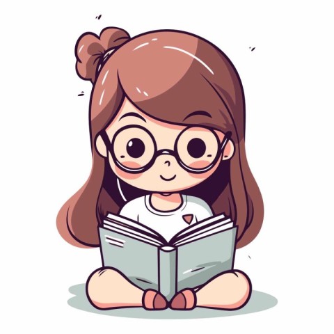 Cute little girl reading a book in cartoon style.