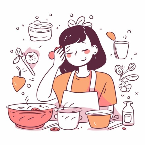 Girl cooking in the kitchen in doodle style.