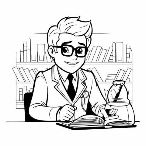 Doctor writing in a book. Black and white vector illustration fo