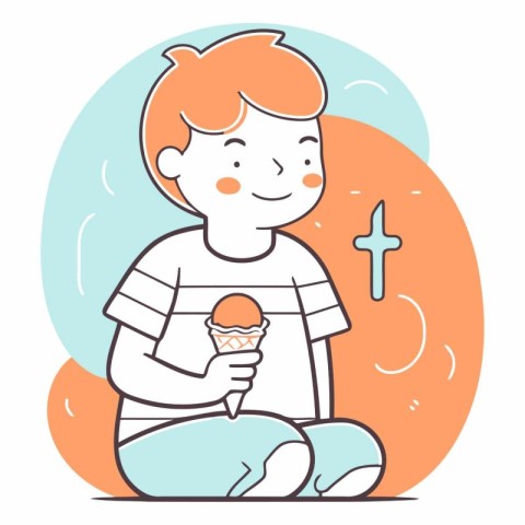 Cute boy eating ice cream in line style.