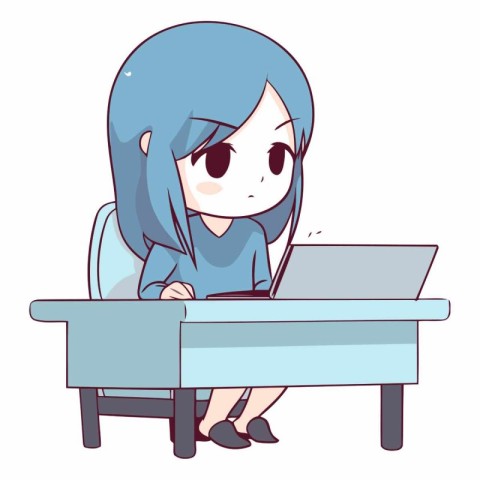 Illustration of a Cute Girl Using a Laptop at Home