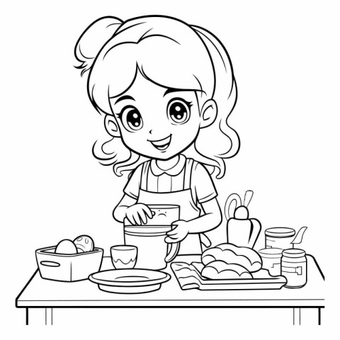 Coloring Page Outline Of a Cute Little Girl Baking