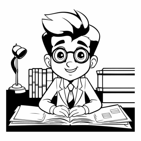 Black and white illustration of a boy reading a book at home.