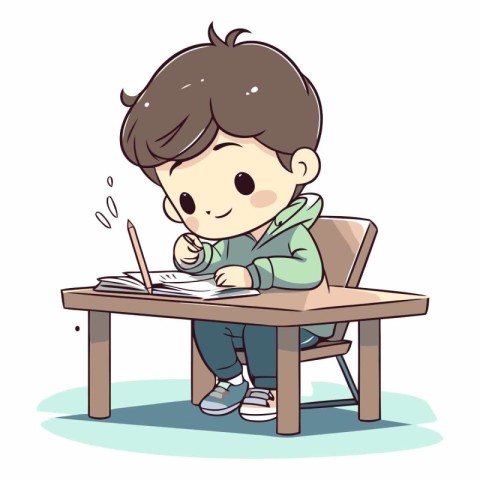 Illustration of a Cute Little Boy Sitting at His Desk and Doing