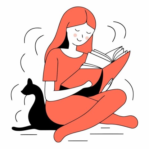 Vector illustration of a girl reading a book with a cat in the b