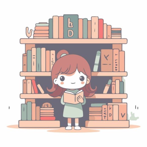 Cute little girl standing near the bookshelf.