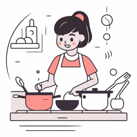 Young woman cooking in the kitchen in flat style.