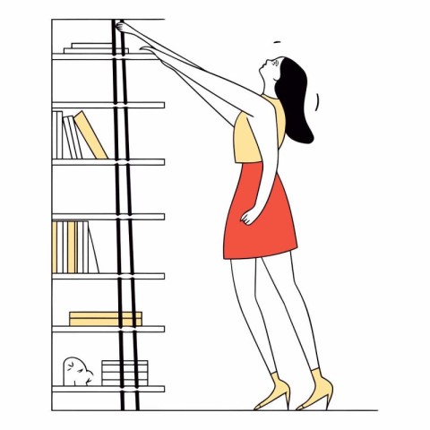 Vector illustration of young woman standing in front of bookshel