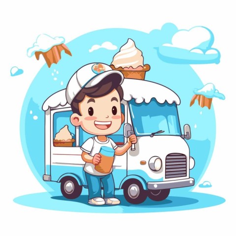 Cute little boy with ice cream truck. cartoon vector illustratio