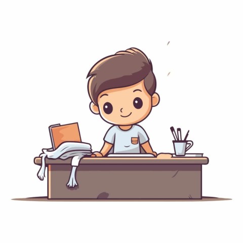 Cute boy working at the desk. Vector cartoon character illustrat