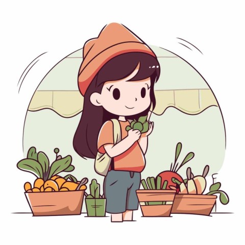 Girl with vegetables in the garden in cartoon style.