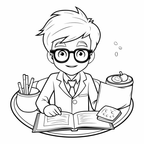 School boy reading a book. Black and white vector illustration f