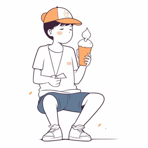 Young man sitting with ice cream in his hand.