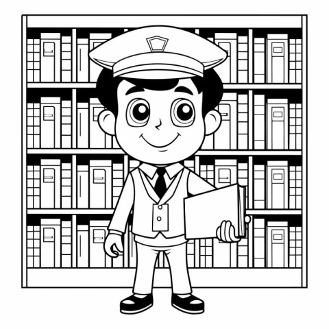 Cute boy with pilot hat and uniform in library vector illustrati