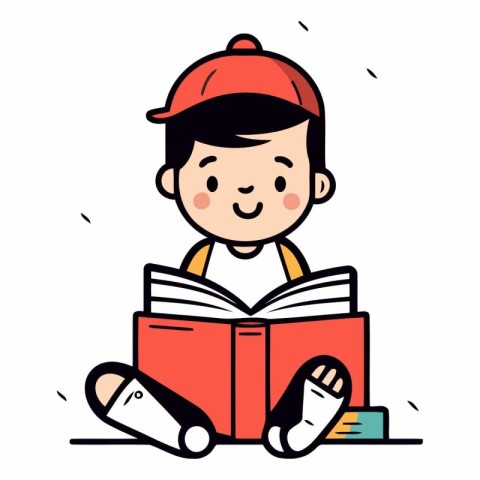 Cute little boy reading a book in cartoon style.