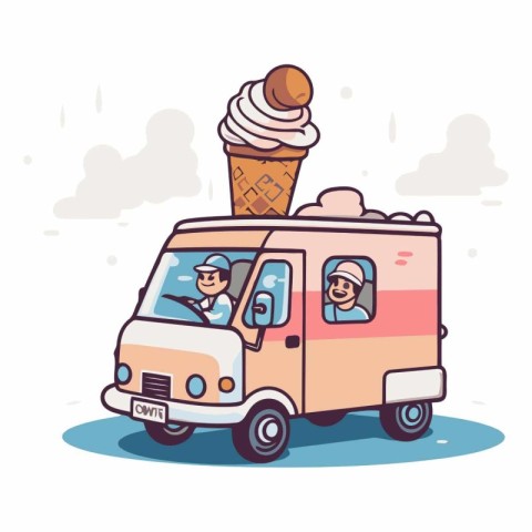 Ice cream truck in cartoon style on white background.