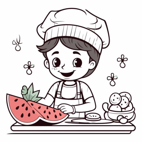 Illustration of a Little Boy in a White Hat and Apron Cutting Wa