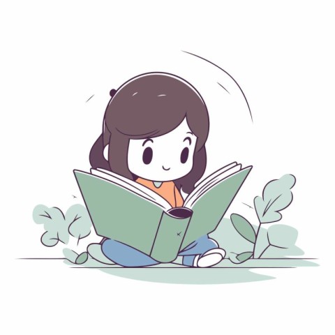 Illustration of a little girl reading a book in the park.