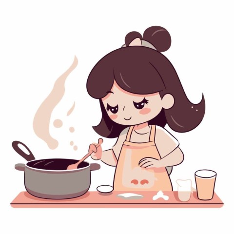 Cute little girl cooking in the kitchen in cartoon style.