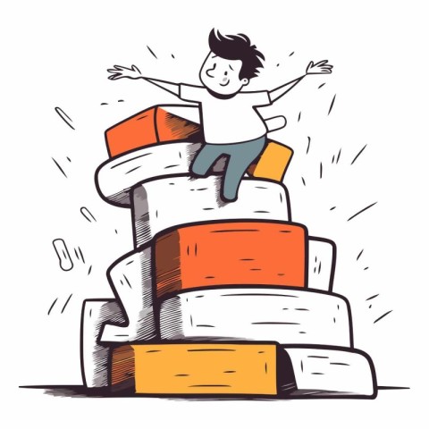 Happy boy jumping on pile of books. Vector hand drawn illustrati