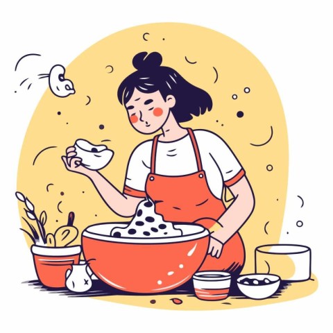 Woman cooking in the kitchen in a flat style.