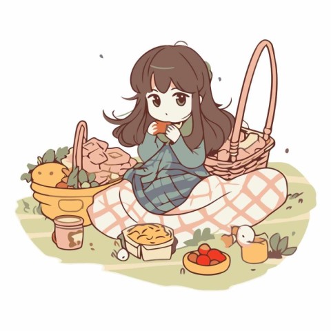 Illustration of a little girl sitting on a blanket and having a