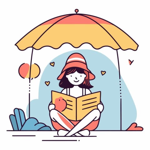 Girl reading a book under an umbrella in a flat style