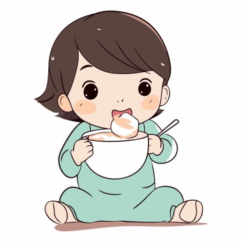 Illustration of a Cute Little Girl Eating a Bowl of Yogurt