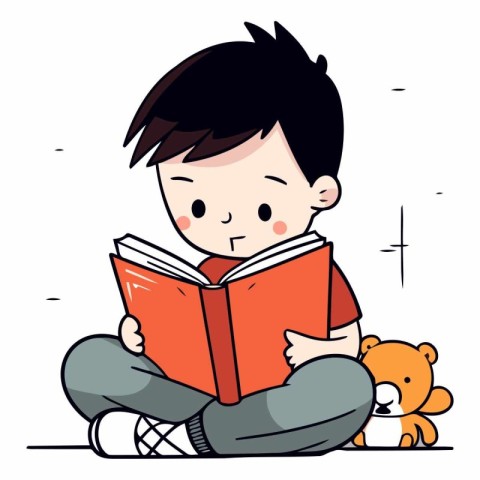 Cute little boy reading a book in cartoon style.