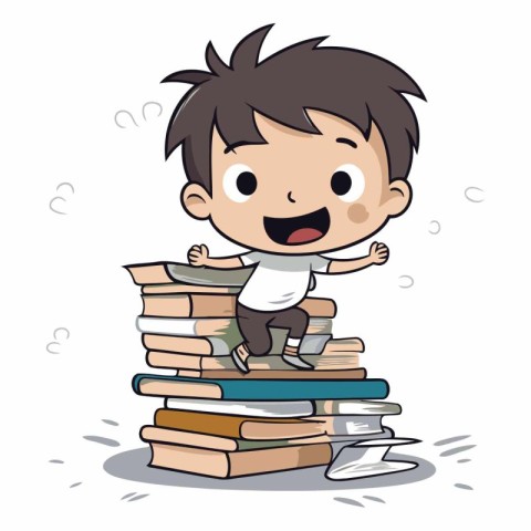 Little boy standing on pile of books of a little boy sitting on