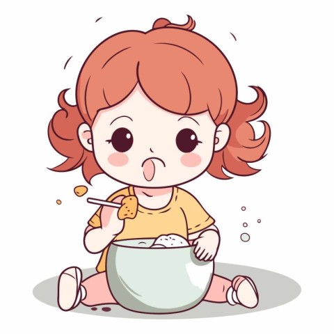 Illustration of a Cute Little Girl Eating a Bowl of Rice