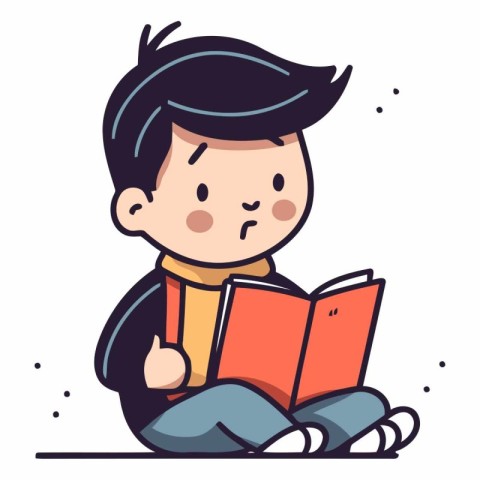 Cute boy reading a book in cartoon style.