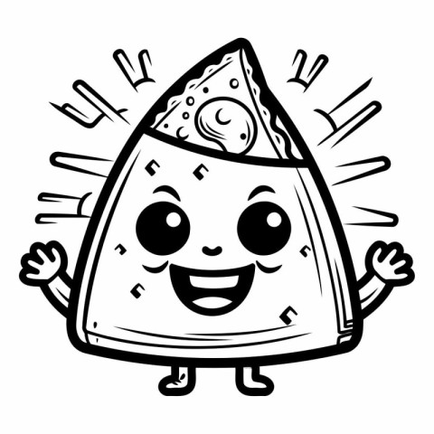 Black and White Cartoon Illustration of Funny Pizza Mascot Chara