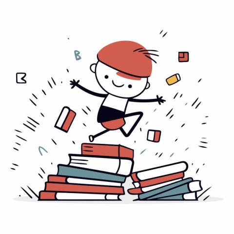 Boy jumping on pile of books. Vector hand drawn cartoon illustra