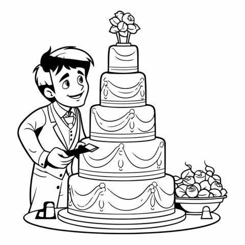 Black and white cartoon of a groom cutting his wedding cake.