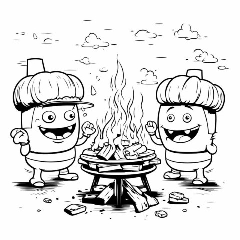 Black and White Cartoon Illustration of Kids Cooking on Campfire