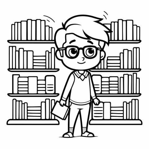 Boy Student with Books in Library - Black and White Cartoon Illu