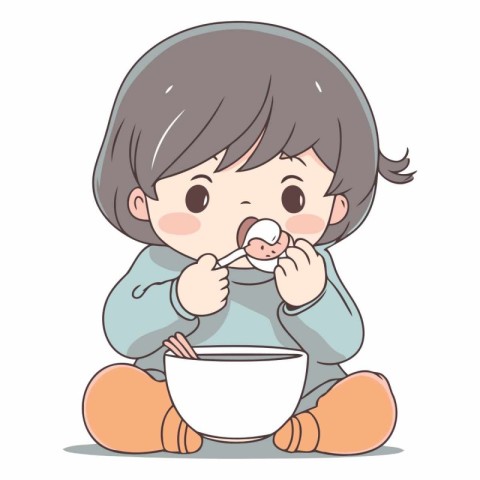 Cute little girl eating yogurt in a bowl.