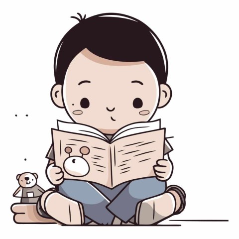 Illustration of a Little Boy Reading a Book While Sitting on the