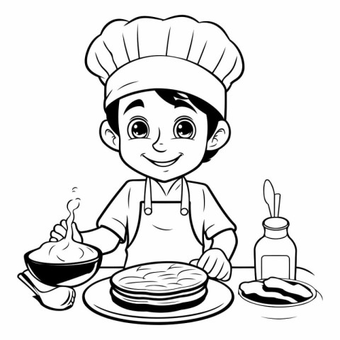 Black and White Cartoon Illustration of Little Boy Cooking Panca