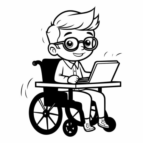 Black and White Cartoon Illustration of Boy in Wheelchair Using