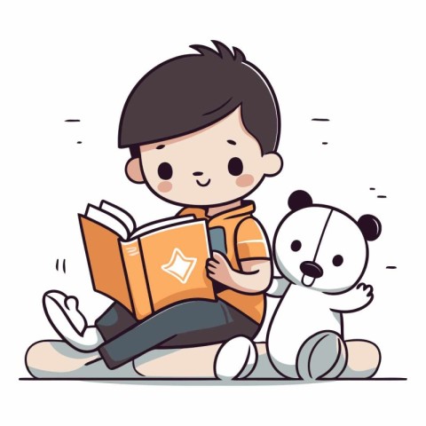 Cute boy reading a book with panda bear.