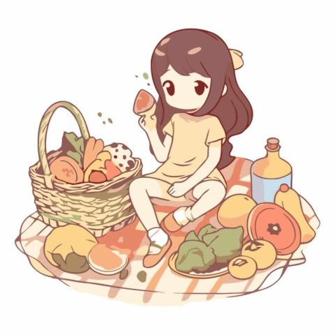 Illustration of a cute little girl sitting with a basket full of