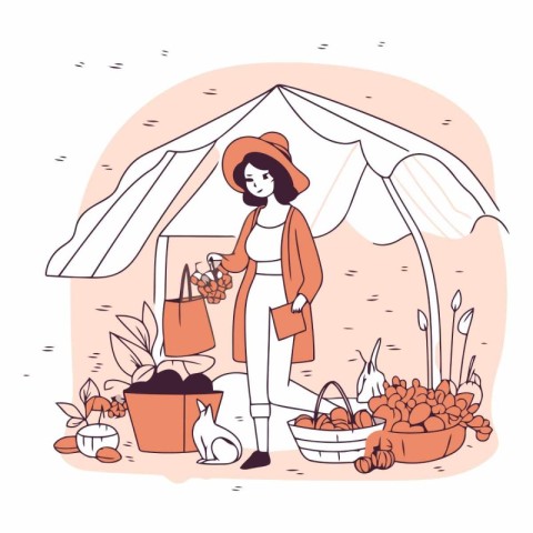 Vector illustration of a girl with a basket of fruits and vegeta