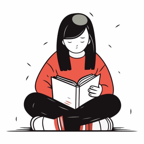 Girl reading a book in doodle style.