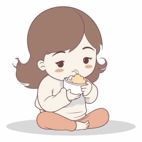 Cute baby girl eating food in cartoon style.